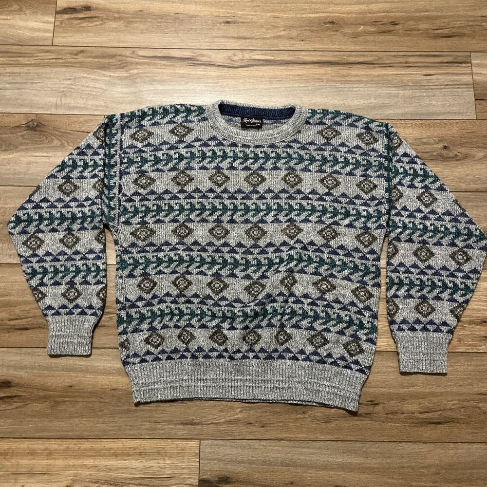 Men's VTG Reed St James Knit Sweater 2XL Gray USA Made Geometric Retro Grandpa